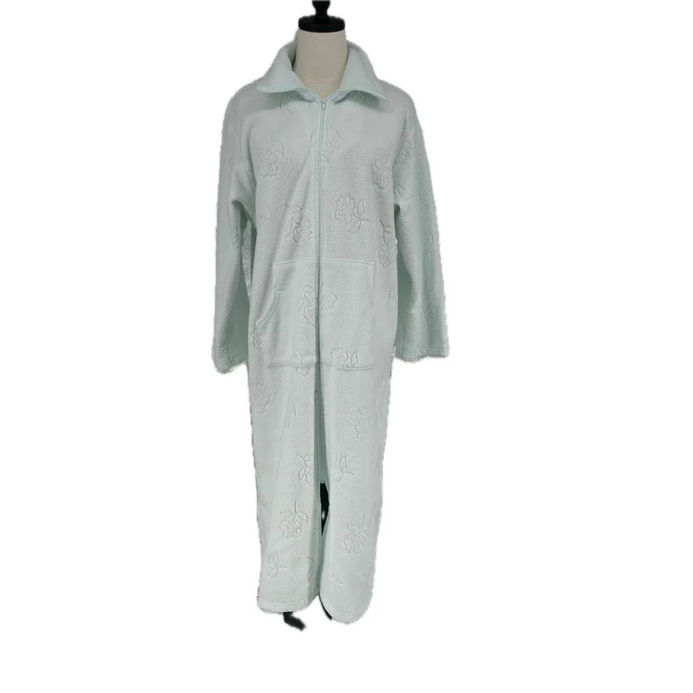 Miss Elaine Mint Green Floral Embossed Fleece Robe Zip Front Pockets Size‎ S